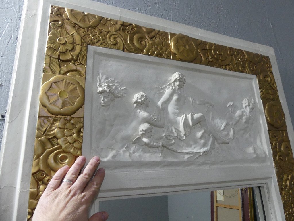 Art Deco Trumeau In Gilded Stucco And Bas Relief Antique Scene Circa 1925-photo-1