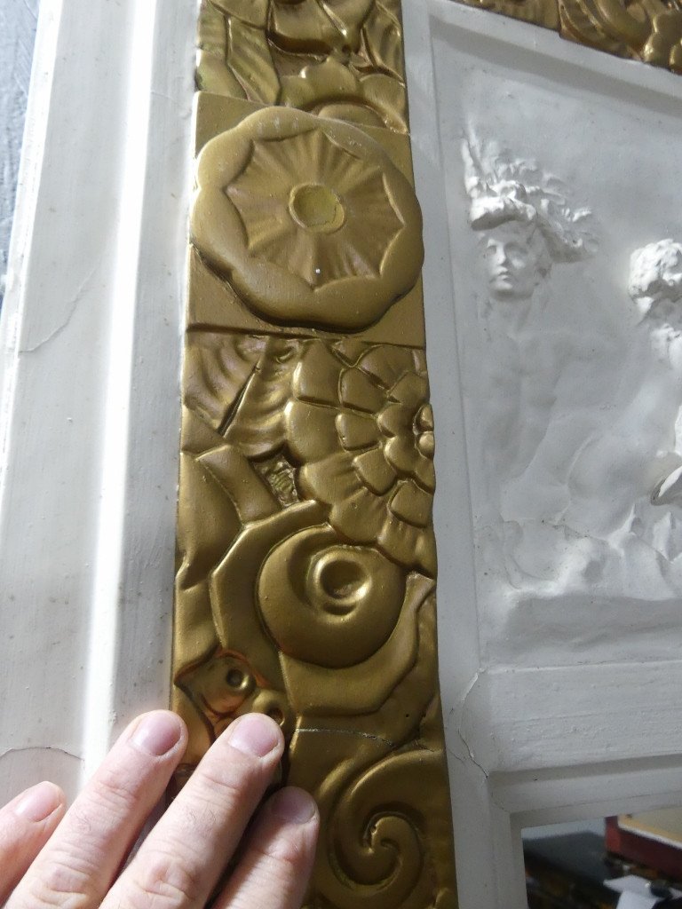 Art Deco Trumeau In Gilded Stucco And Bas Relief Antique Scene Circa 1925-photo-4