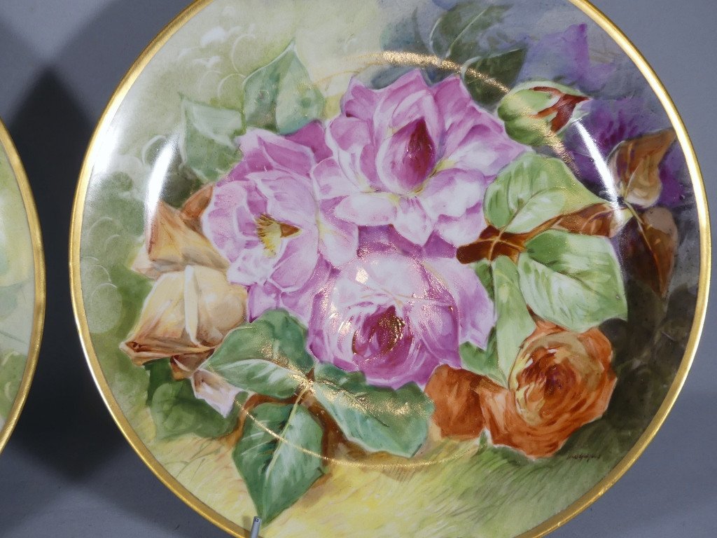 Les Roses, Paire De Plats Décoratifs En Porcelaine De Limoges Par Desgropes-photo-2