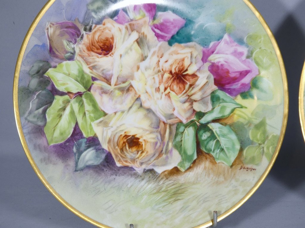 Les Roses, Paire De Plats Décoratifs En Porcelaine De Limoges Par Desgropes-photo-3