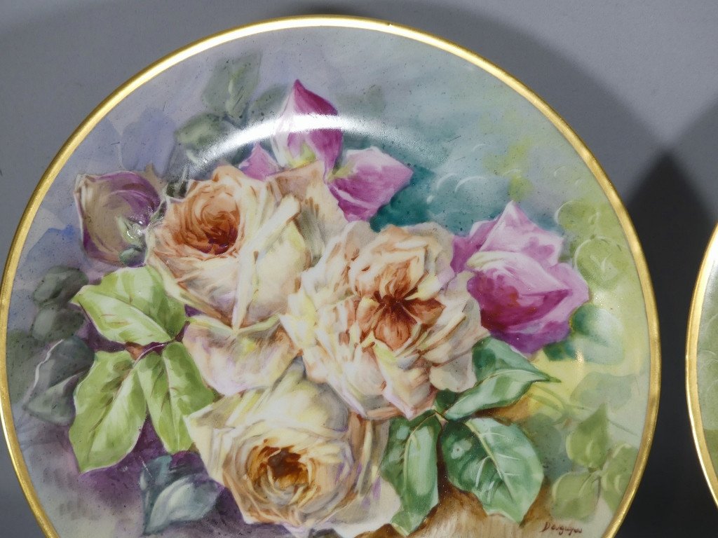 Les Roses, Paire De Plats Décoratifs En Porcelaine De Limoges Par Desgropes-photo-4