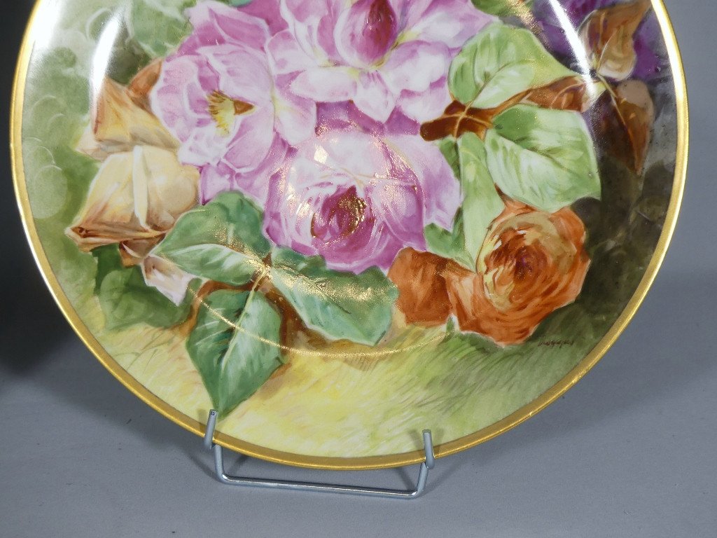 Les Roses, Paire De Plats Décoratifs En Porcelaine De Limoges Par Desgropes-photo-2