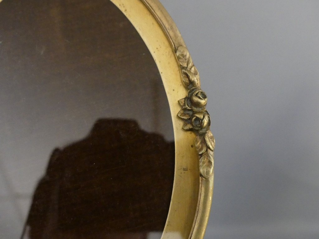 Oval Brass Photo Frame, Flower Decor, 1925s-photo-3