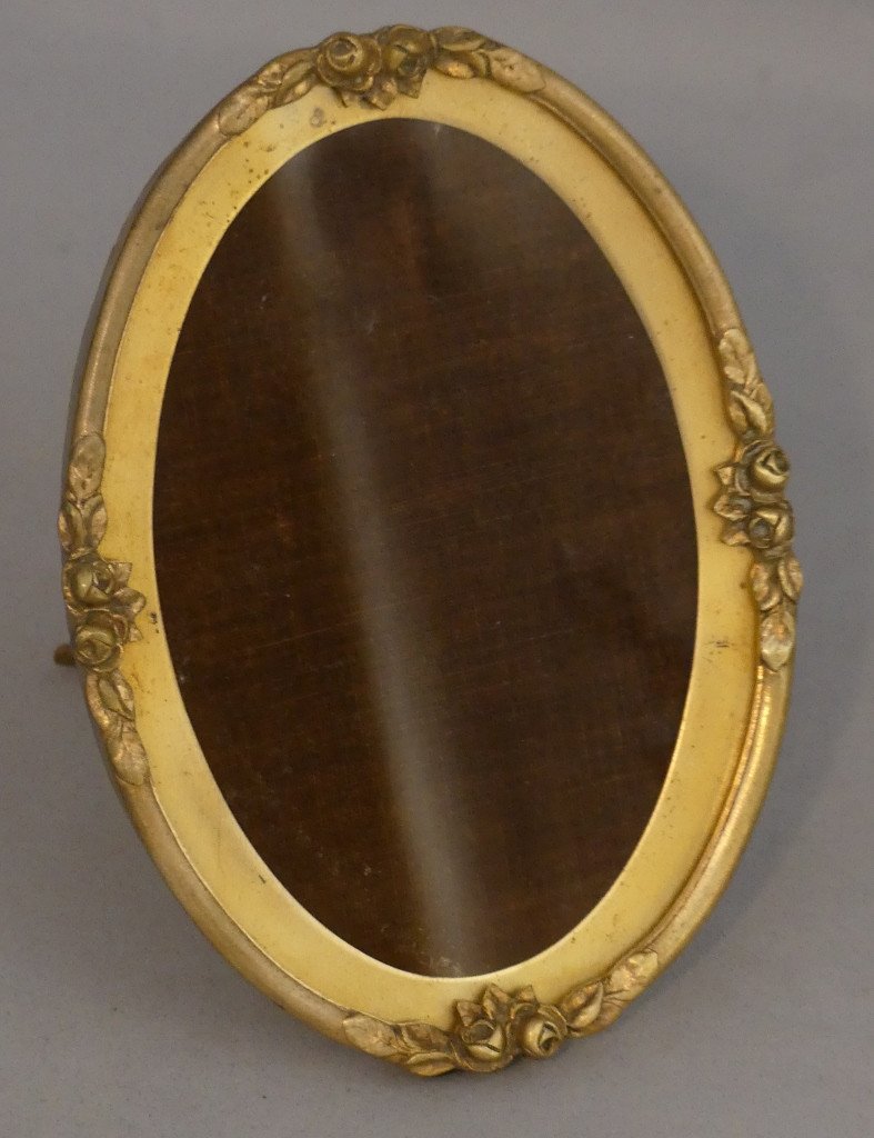 Oval Brass Photo Frame, Flower Decor, 1925s