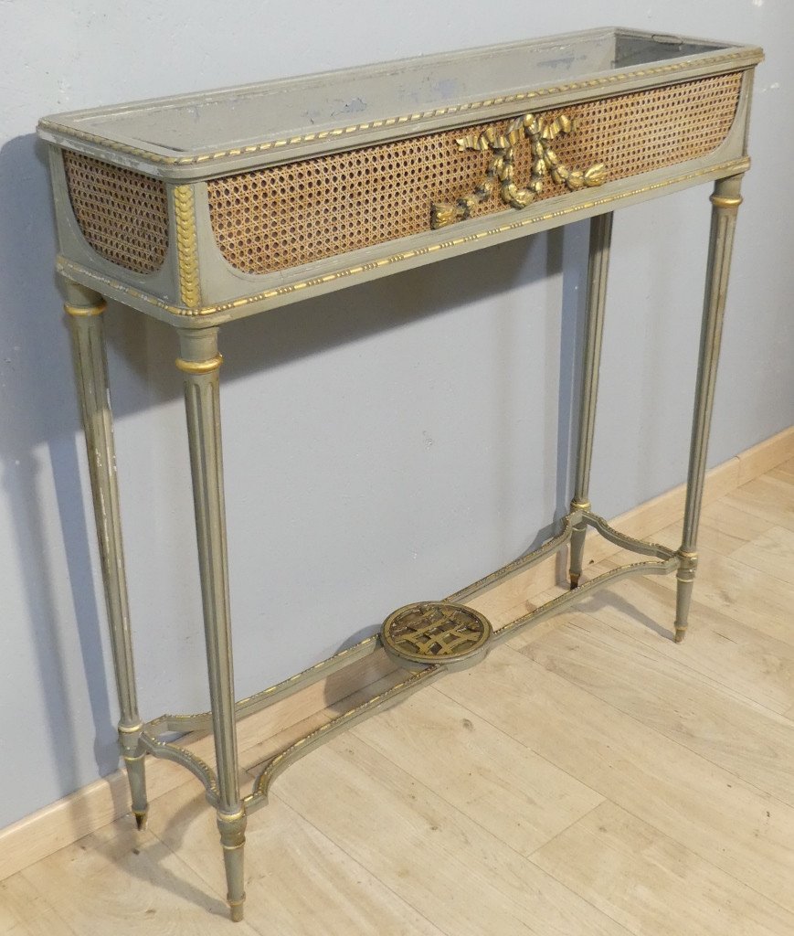 Large Louis XVI Style Console Planter In Trianon Grey And Gilded Painted Wood, 1900-photo-2