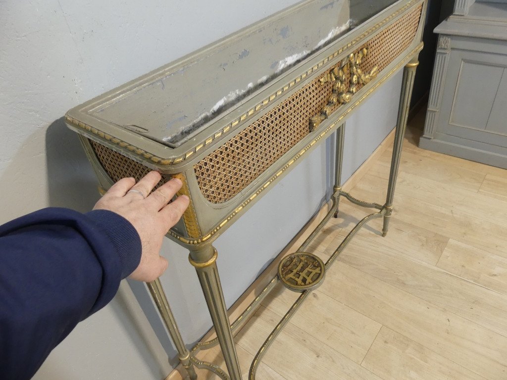 Large Louis XVI Style Console Planter In Trianon Grey And Gilded Painted Wood, 1900-photo-3