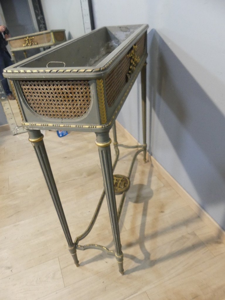 Large Louis XVI Style Console Planter In Trianon Grey And Gilded Painted Wood, 1900-photo-6