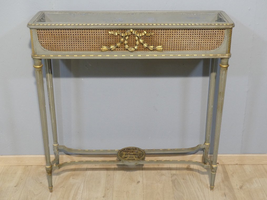 Large Louis XVI Style Console Planter In Trianon Grey And Gilded Painted Wood, 1900