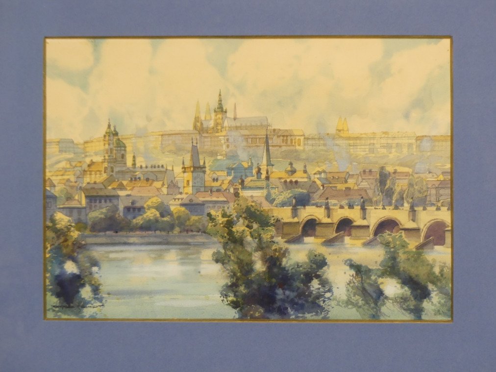 Prague, Pont St Charles Et Le Château, Aquarelle Par Oskar Schmidt