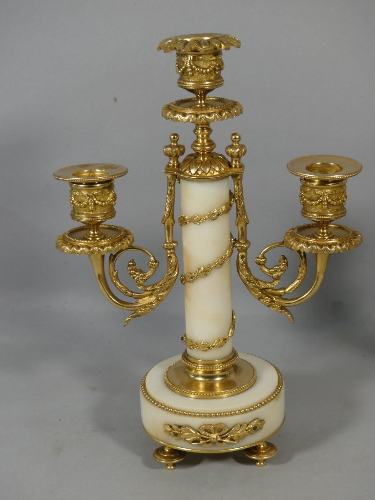 Pair Of Louis XVI Style Chadeliers In White Marble And Gilt Bronze, Late 19th Century-photo-1