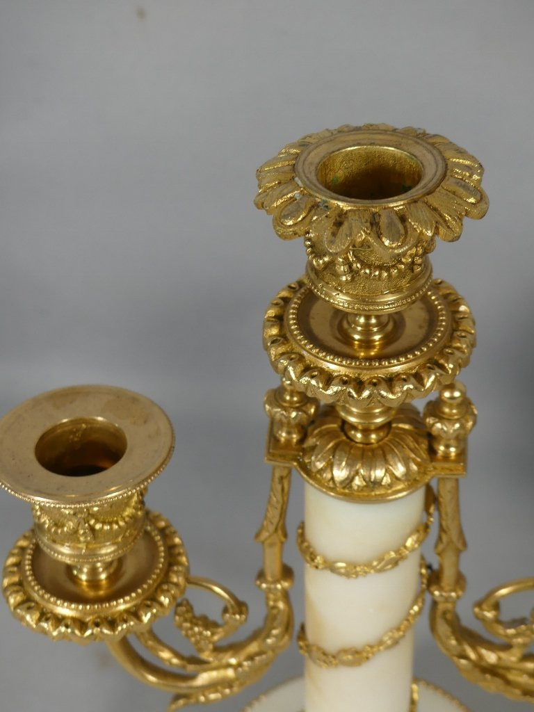 Pair Of Louis XVI Style Chadeliers In White Marble And Gilt Bronze, Late 19th Century-photo-2