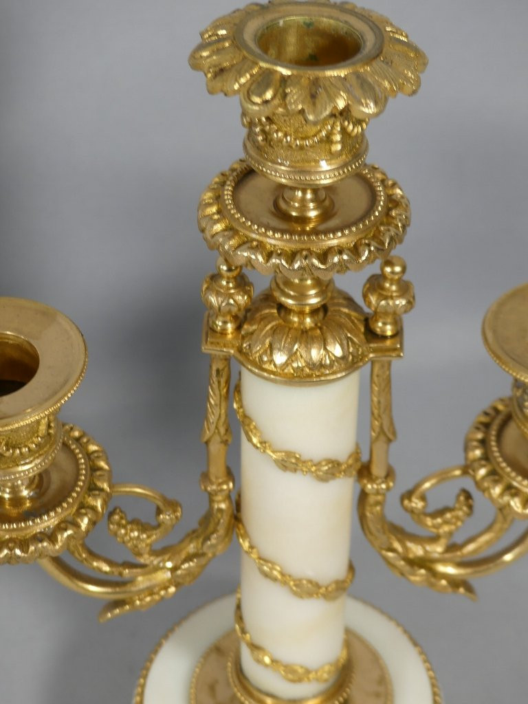 Pair Of Louis XVI Style Chadeliers In White Marble And Gilt Bronze, Late 19th Century-photo-4