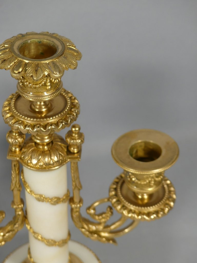 Pair Of Louis XVI Style Chadeliers In White Marble And Gilt Bronze, Late 19th Century-photo-6