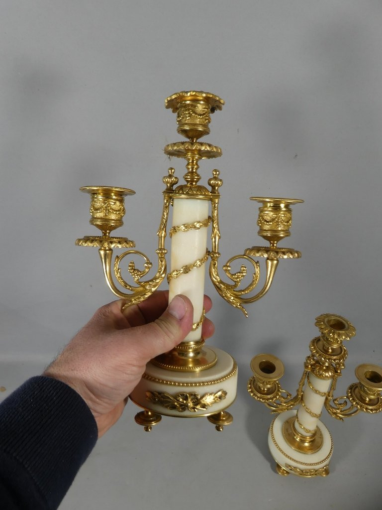 Pair Of Louis XVI Style Chadeliers In White Marble And Gilt Bronze, Late 19th Century-photo-7