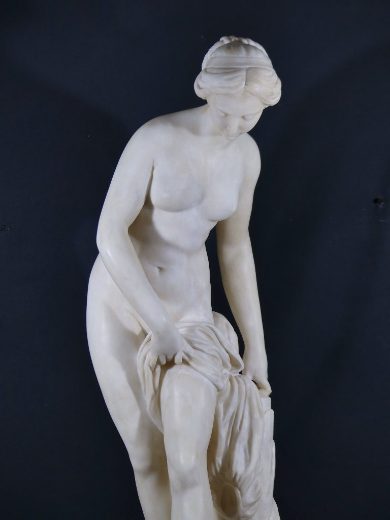 85 Cm, The Bather After Falconet, Large Sculpture Statue In Alabaster Late 19th Century-photo-2