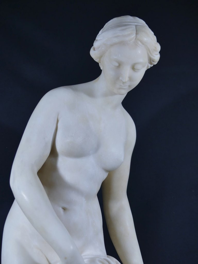 85 Cm, The Bather After Falconet, Large Sculpture Statue In Alabaster Late 19th Century-photo-2