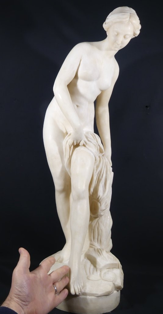 85 Cm, The Bather After Falconet, Large Sculpture Statue In Alabaster Late 19th Century-photo-4