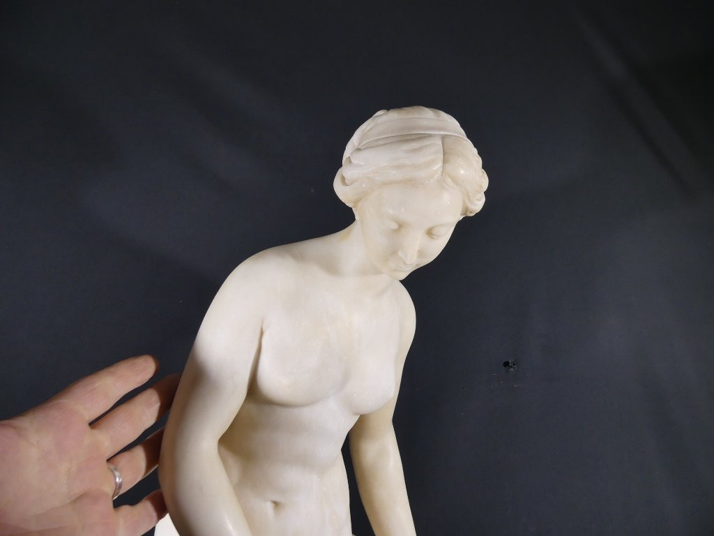 85 Cm, The Bather After Falconet, Large Sculpture Statue In Alabaster Late 19th Century-photo-5