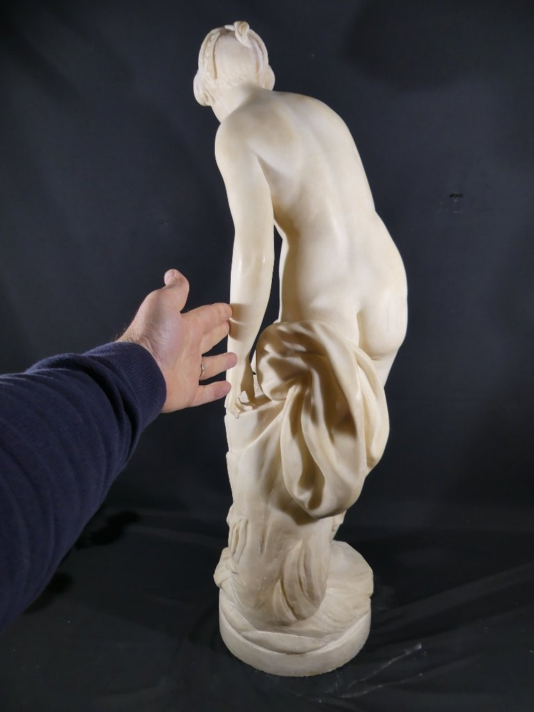 85 Cm, The Bather After Falconet, Large Sculpture Statue In Alabaster Late 19th Century-photo-8