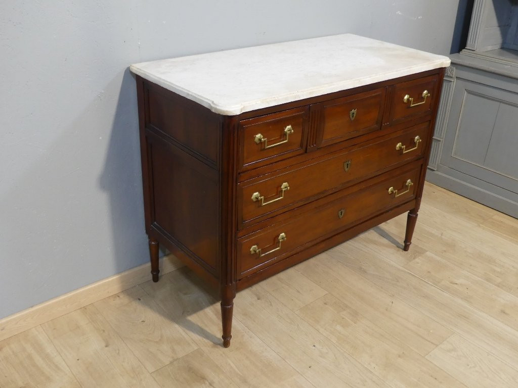 Louis XVI Chest Of Drawers In Mahogany And White Marble, 18th Century-photo-2