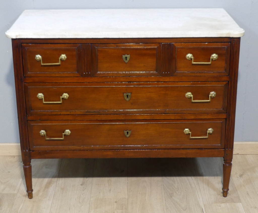 Commode Louis XVI En Acajou Et Marbre Blanc, &eacute;poque XVIII &egrave;me Si&egrave;cle