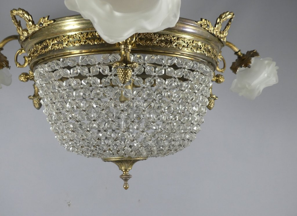 Louis XVI Style Chandelier With Pearl Bag And Basket And 3 Light Arms Circa 1920-photo-4