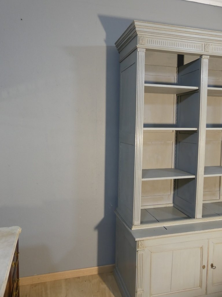 Neoclassical Style Open Bookcase In Grey Painted Wood Louis XVI Sideboard 19th Century-photo-11