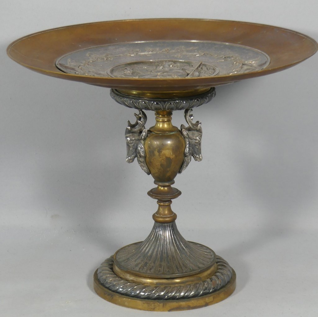 L. Oudry, Centre De Table Ou Coupe Sur Piédouche En Bronze Argenté Et Doré, Fin XIX ème -photo-3