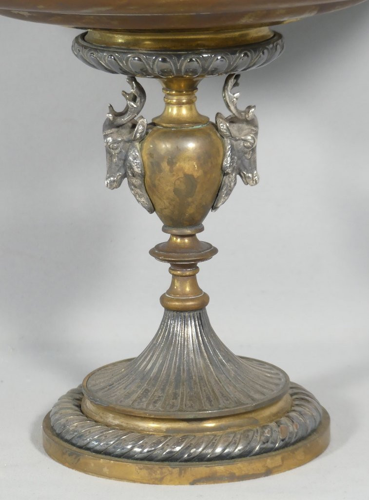 L. Oudry, Centre De Table Ou Coupe Sur Piédouche En Bronze Argenté Et Doré, Fin XIX ème -photo-4