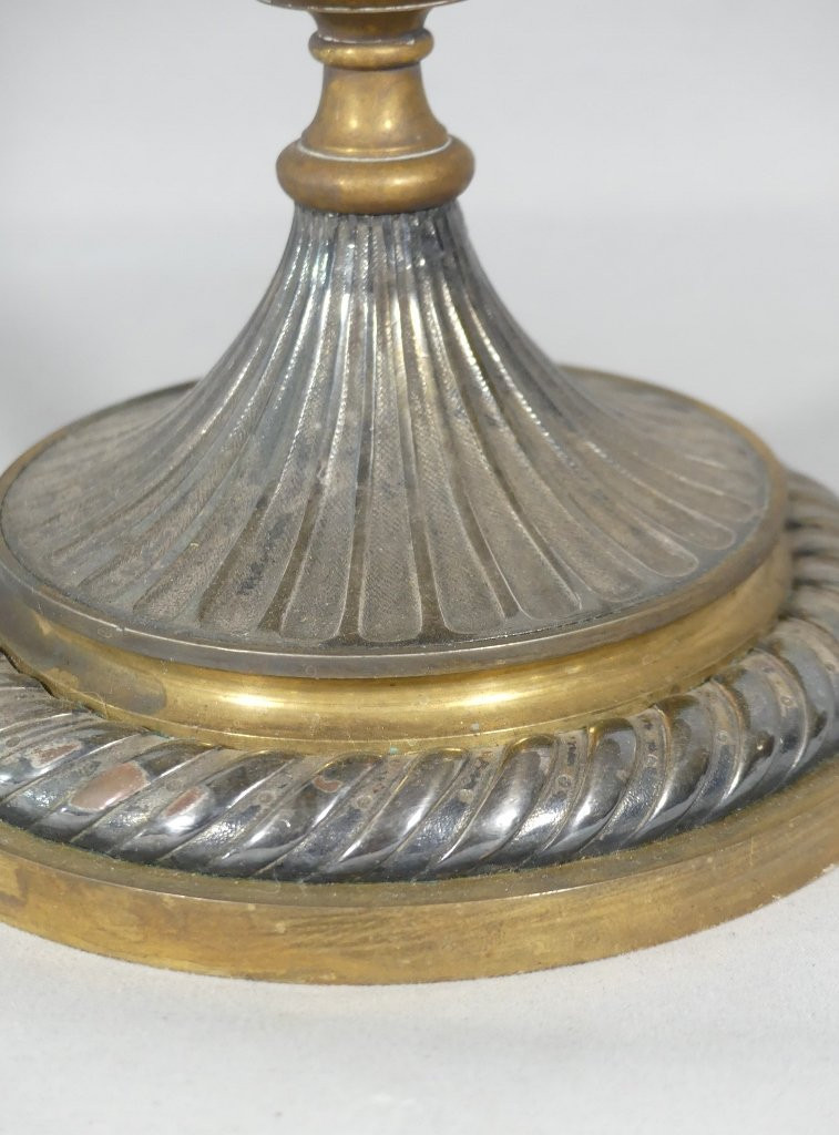 L. Oudry, Centre De Table Ou Coupe Sur Piédouche En Bronze Argenté Et Doré, Fin XIX ème -photo-2