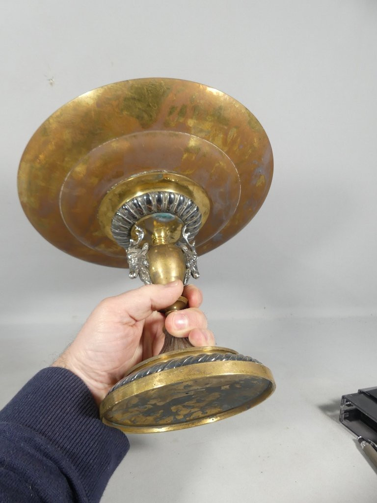 L. Oudry, Centerpiece Or Bowl On Pedestal In Silvered And Gilded Bronze, Late 19th Century -photo-3