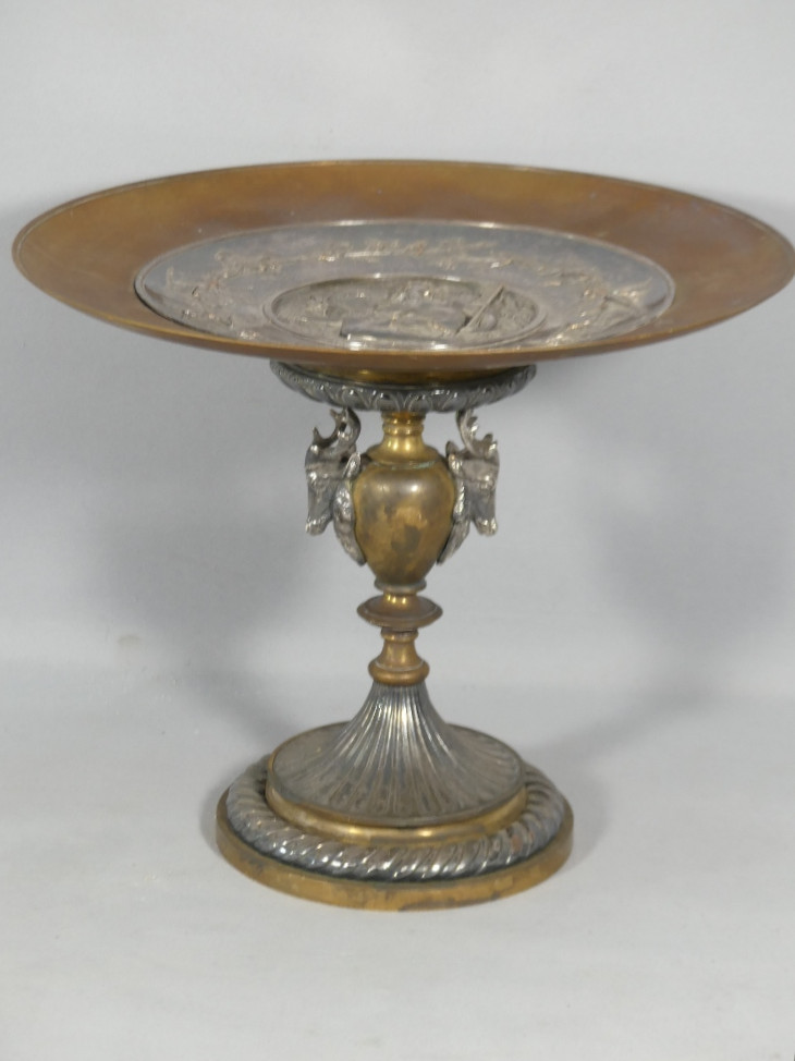 L. Oudry, Centerpiece Or Bowl On Pedestal In Silvered And Gilded Bronze, Late 19th Century 