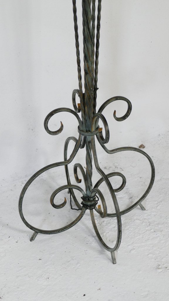 Pied De Lampadaire En Fer Forgé Torsadé Patiné Bronze, Dans Le Goût De Poillerat, Vers 1940-photo-2