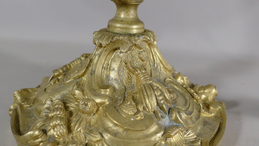 Lampe Flambeau En Bronze Doré, Décor Naturaliste Aux Insectes, Style Louis XV, époque XIX ème-photo-2
