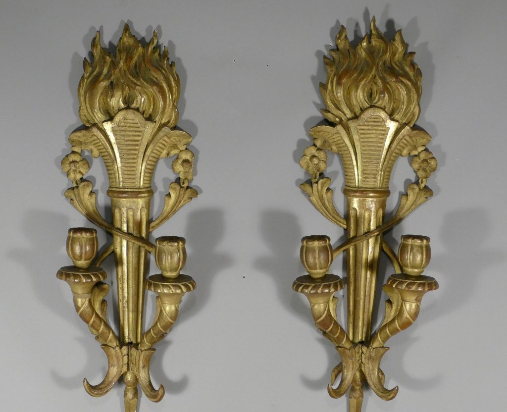 Paire d'Appliques Louis XVI En Bois Sculpté Doré, Au Flambeaux, époque XIX ème -photo-2