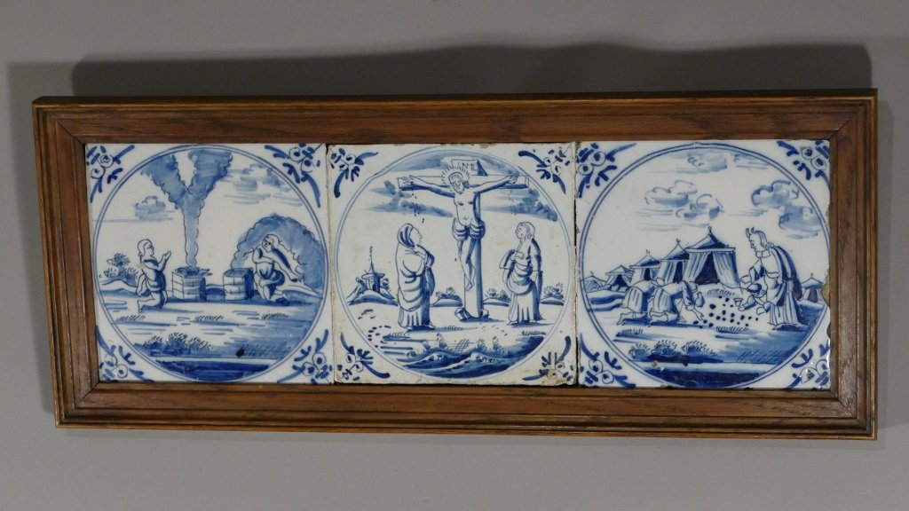 Delft XVIII ème Triptyque Religieux En Carreaux De Céramique Bleu et Blanc