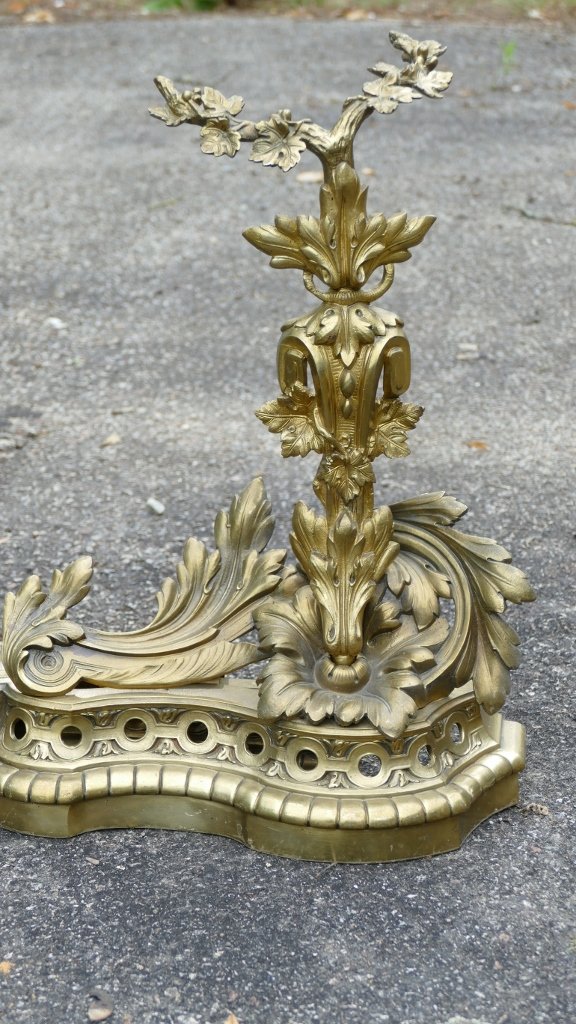 H 53 Cm !! Important Fireplace Front, Napoleon III Andirons In Gilt Bronze-photo-2