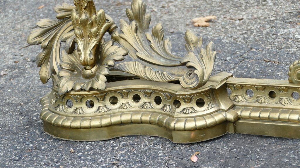 H 53 Cm !! Important Fireplace Front, Napoleon III Andirons In Gilt Bronze-photo-2