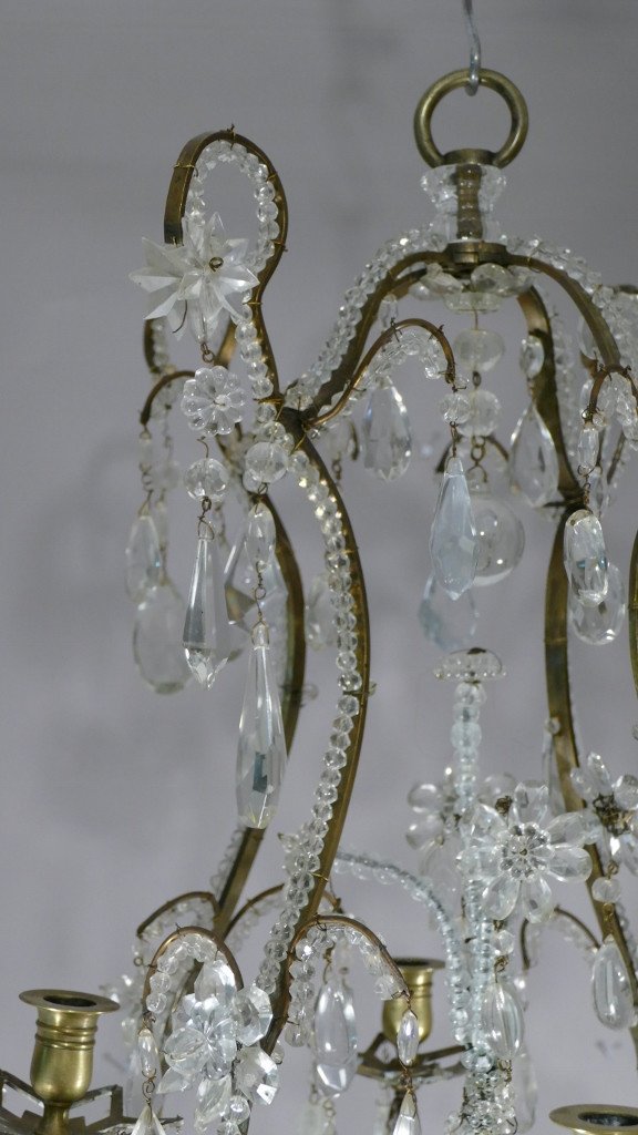 Lustre Cage Perlé En Bronze, Cristal, Dans Le Goût De Baguès , époque XIX ème-photo-3