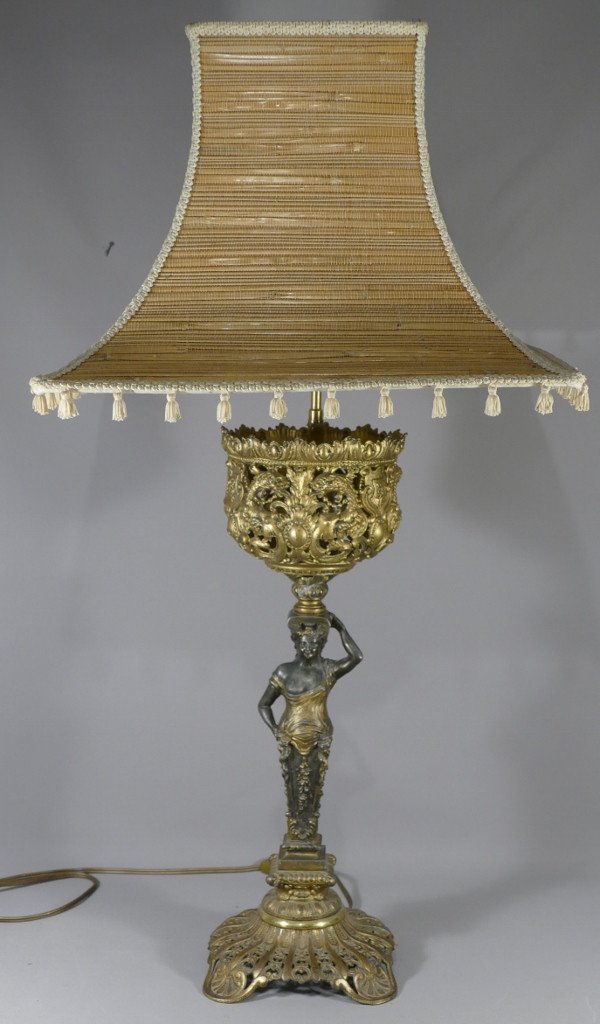 Grande Lampe En Métal, Femme Drapée, époque Fin XIX ème 