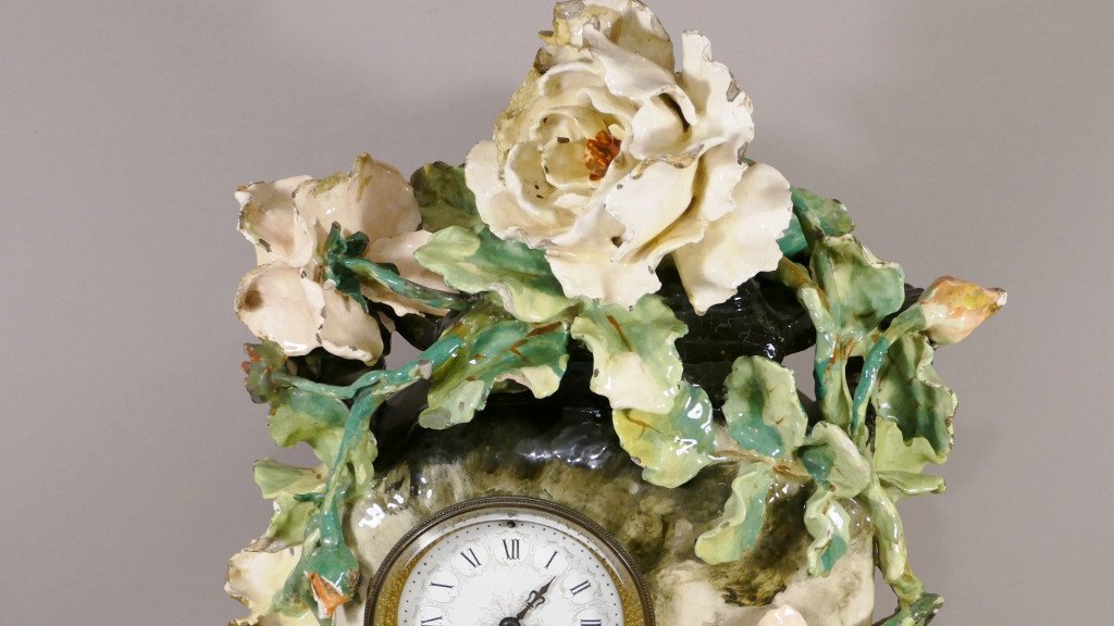 Pendulum In Faience Barbotine With Flowers, Impressionist Ceramic, Montigny Sur Loing-photo-2