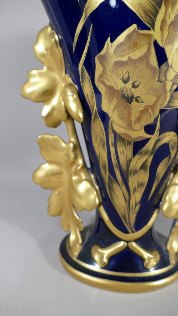 Limoges, Porcelaine Bleu De Four Et Or, Vase Aux Tulipes, Manufacture Michelaud, Début XX ème-photo-3