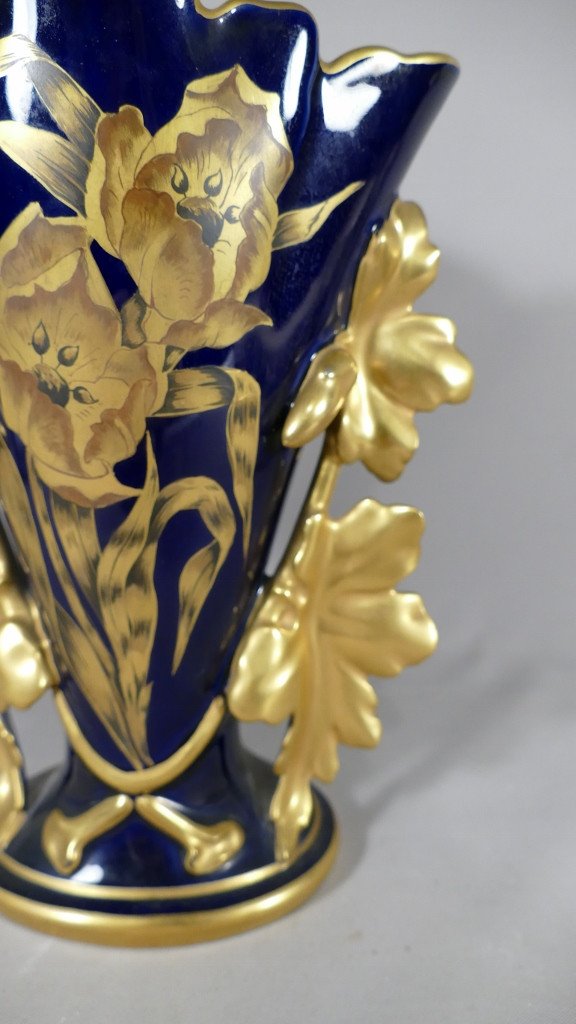 Limoges, Porcelaine Bleu De Four Et Or, Vase Aux Tulipes, Manufacture Michelaud, Début XX ème-photo-4