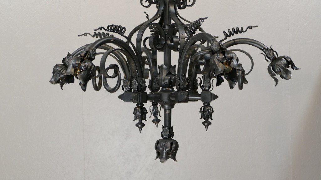 Neo-gothic Style Chandelier Viollet Le Duc In Iron And Sheet Metal, Late Nineteenth Time-photo-2