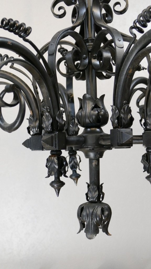 Neo-gothic Style Chandelier Viollet Le Duc In Iron And Sheet Metal, Late Nineteenth Time-photo-4