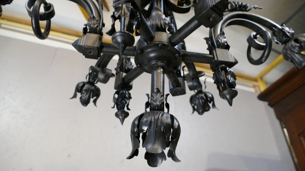 Neo-gothic Style Chandelier Viollet Le Duc In Iron And Sheet Metal, Late Nineteenth Time-photo-3