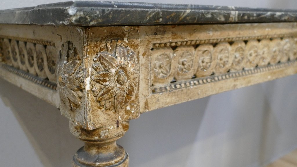 Louis XVI Console In Carved Wood, Patina Of Time And Marble, Eighteenth Time-photo-2