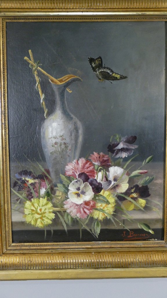 Bouquet d'Oeillets Et Pensées , Nature Morte à l'Aiguière Et Papillon, époque Fin XIX ème-photo-2