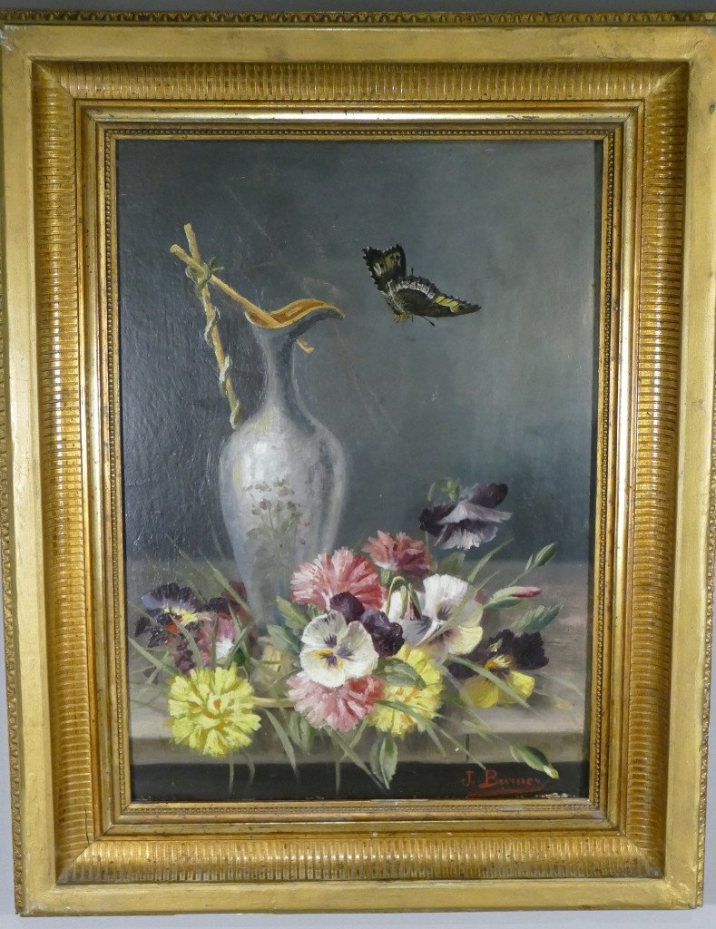 Bouquet d'Oeillets Et Pensées , Nature Morte à l'Aiguière Et Papillon, époque Fin XIX ème