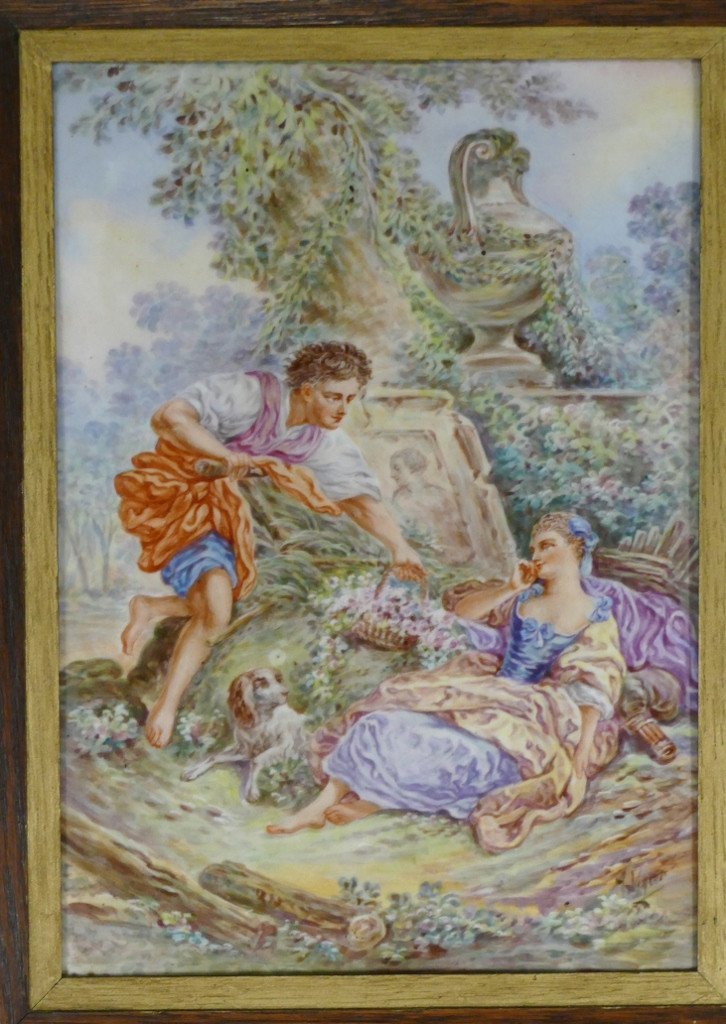 Tableau En Porcelaine, Scène Galante Dans Le Goût De Boucher, Limoges Vers 1950